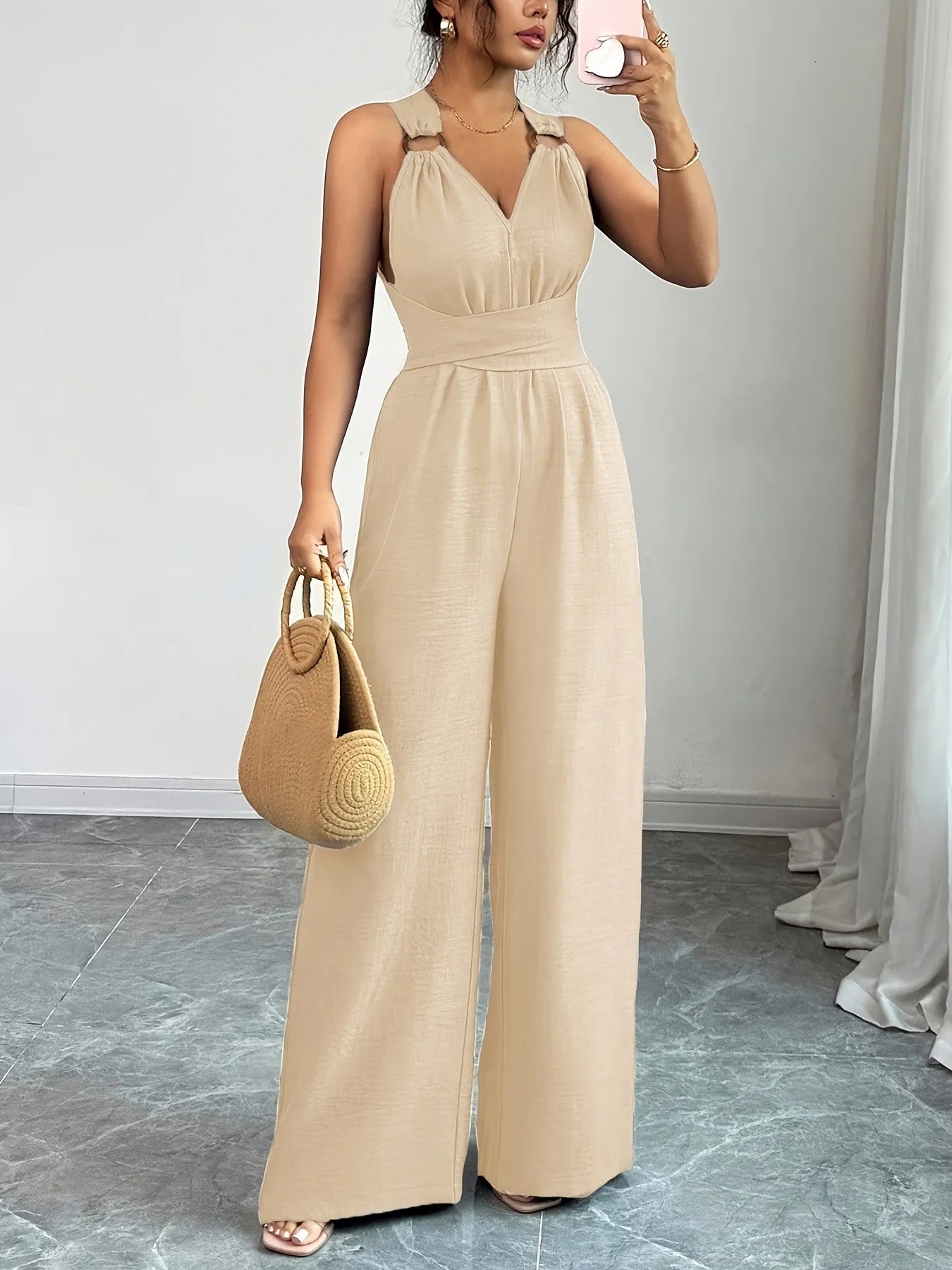 Women’s V Neck Backless Jumpsuit Wide Leg Elegant