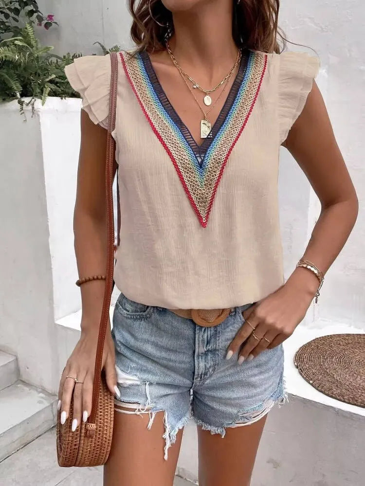 Women’s Deep V Lace Top Hollow Out Short Sleeve
