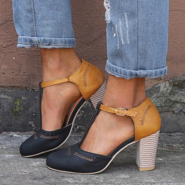 Women's T-Strap Block Heel Retro Sandals with Adjustable Strap