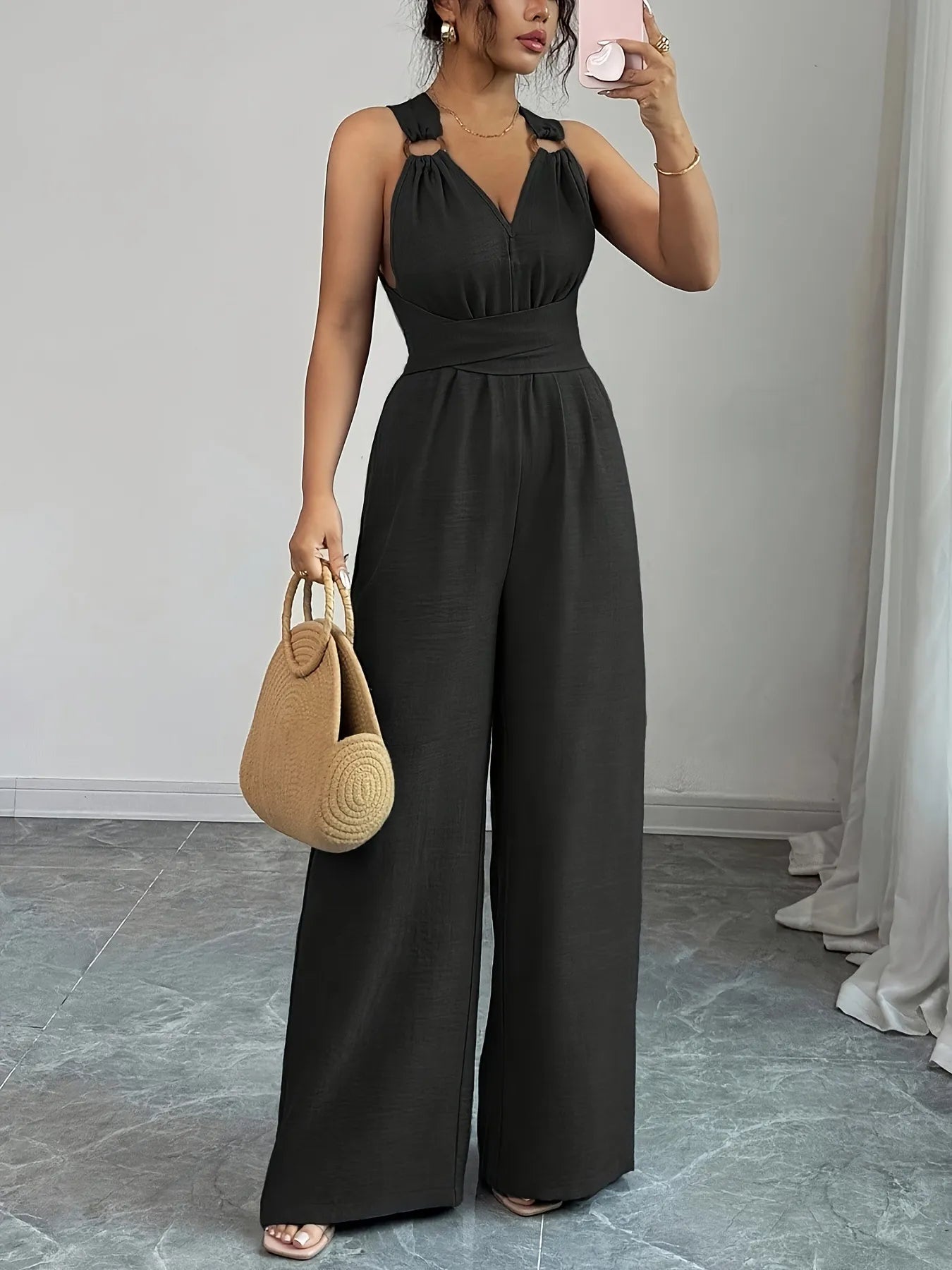 Women’s V Neck Backless Jumpsuit Wide Leg Elegant