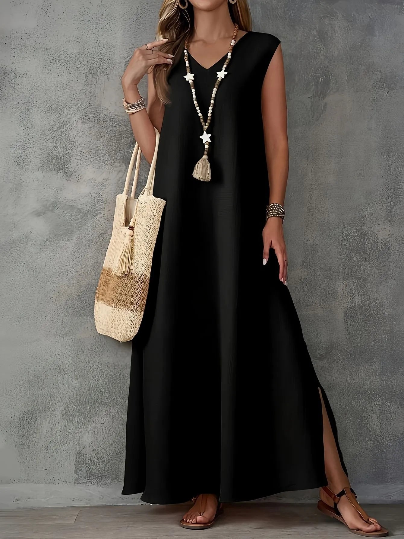 Women’s Sleeveless V Neck Dress Side Slit Elegant
