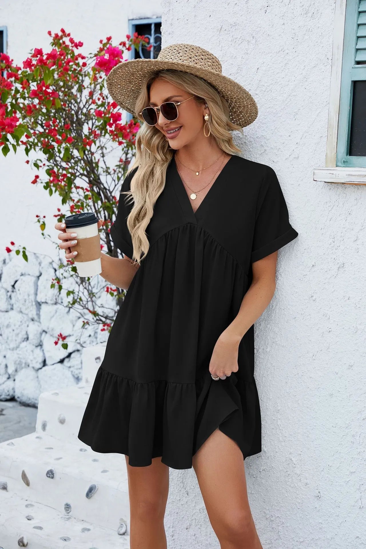 Women’s V Neck Pleated Dress Loose Fit Solid Color