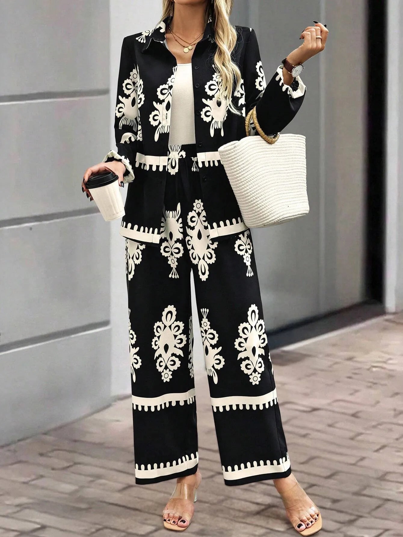 Women’s Printed Two Piece Set Loose Top Pants
