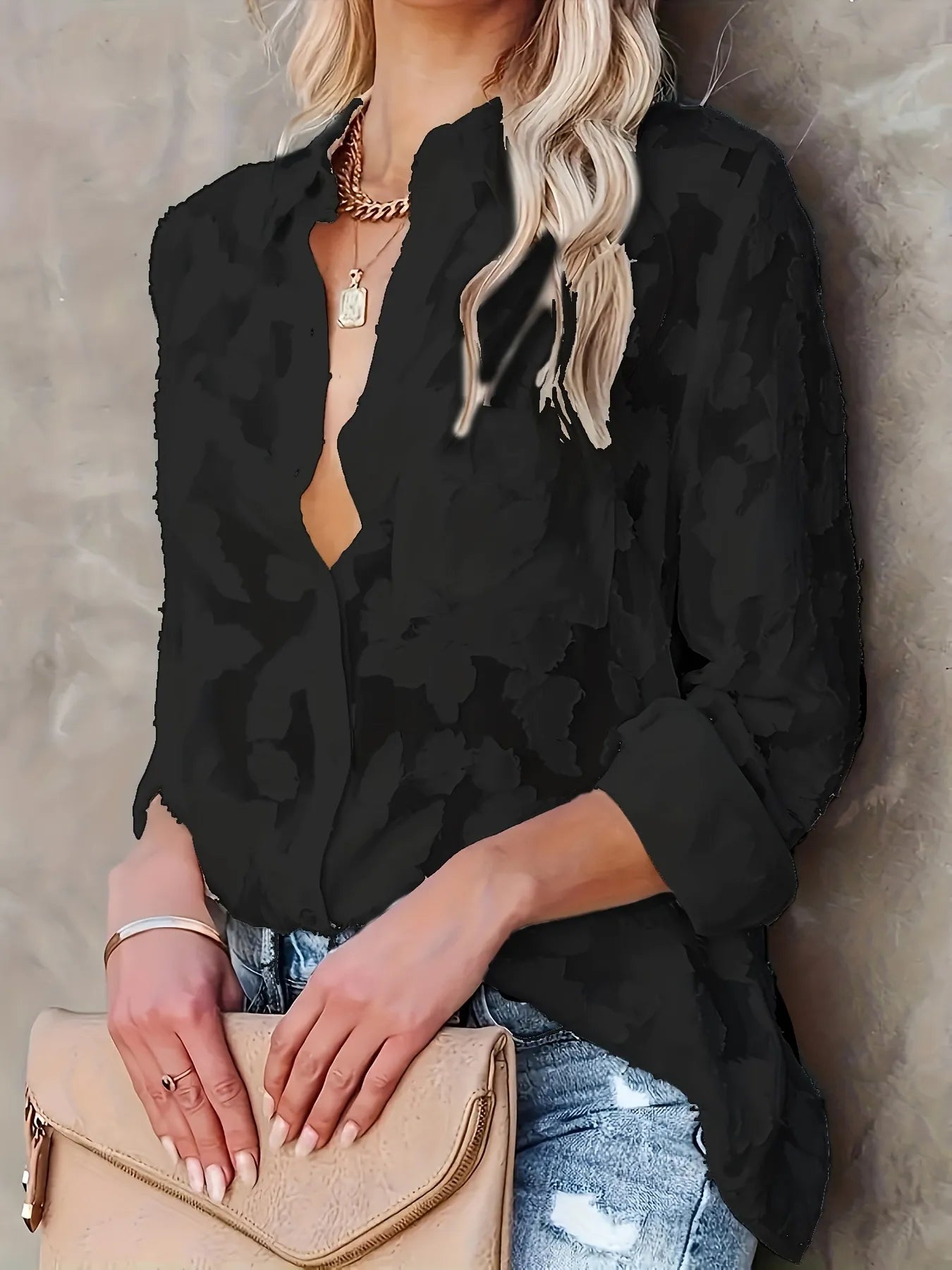 Luxury Jacquard Button Up Shirt Elegant Textured Blouse