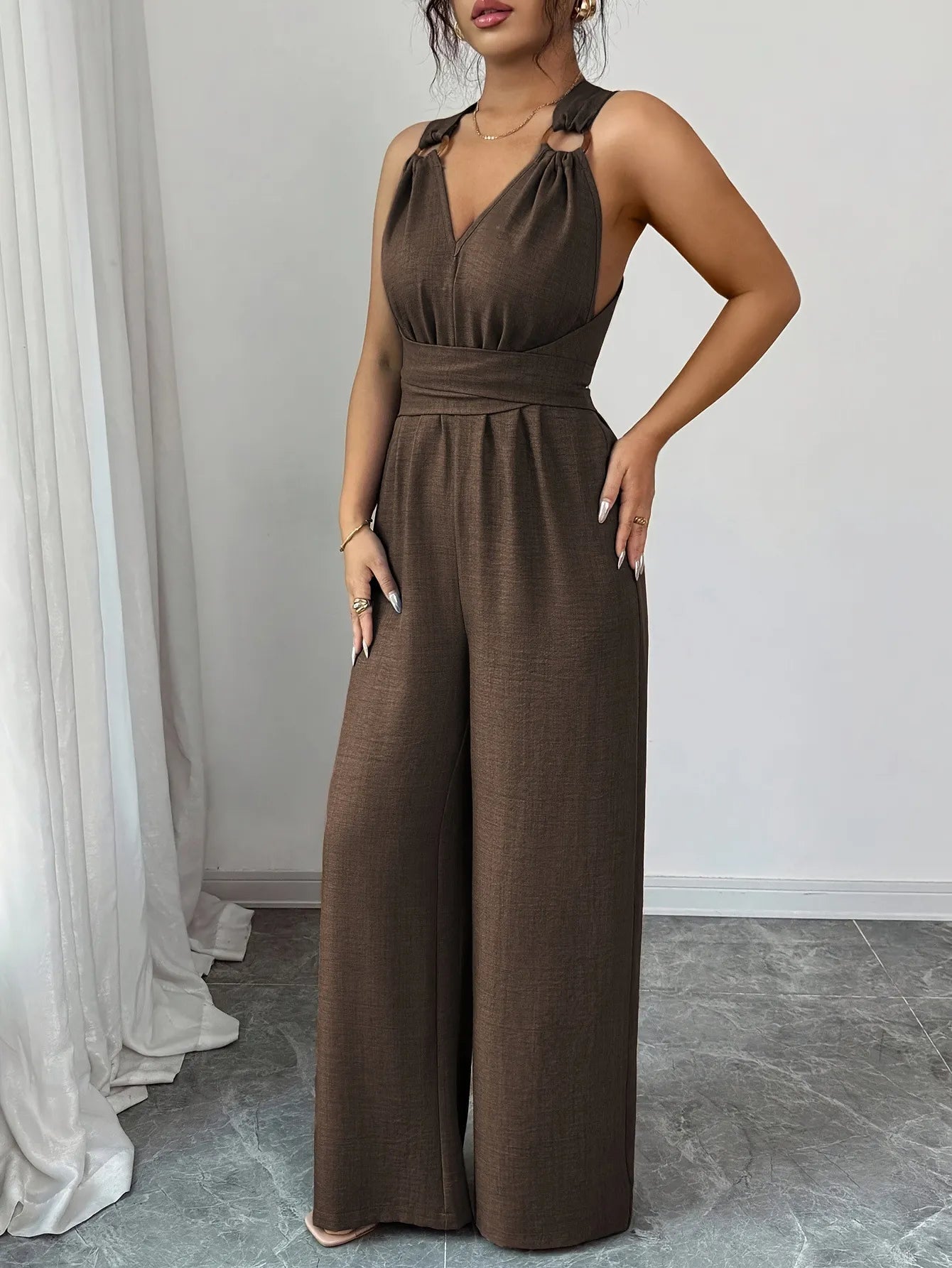 Women’s V Neck Backless Jumpsuit Wide Leg Elegant