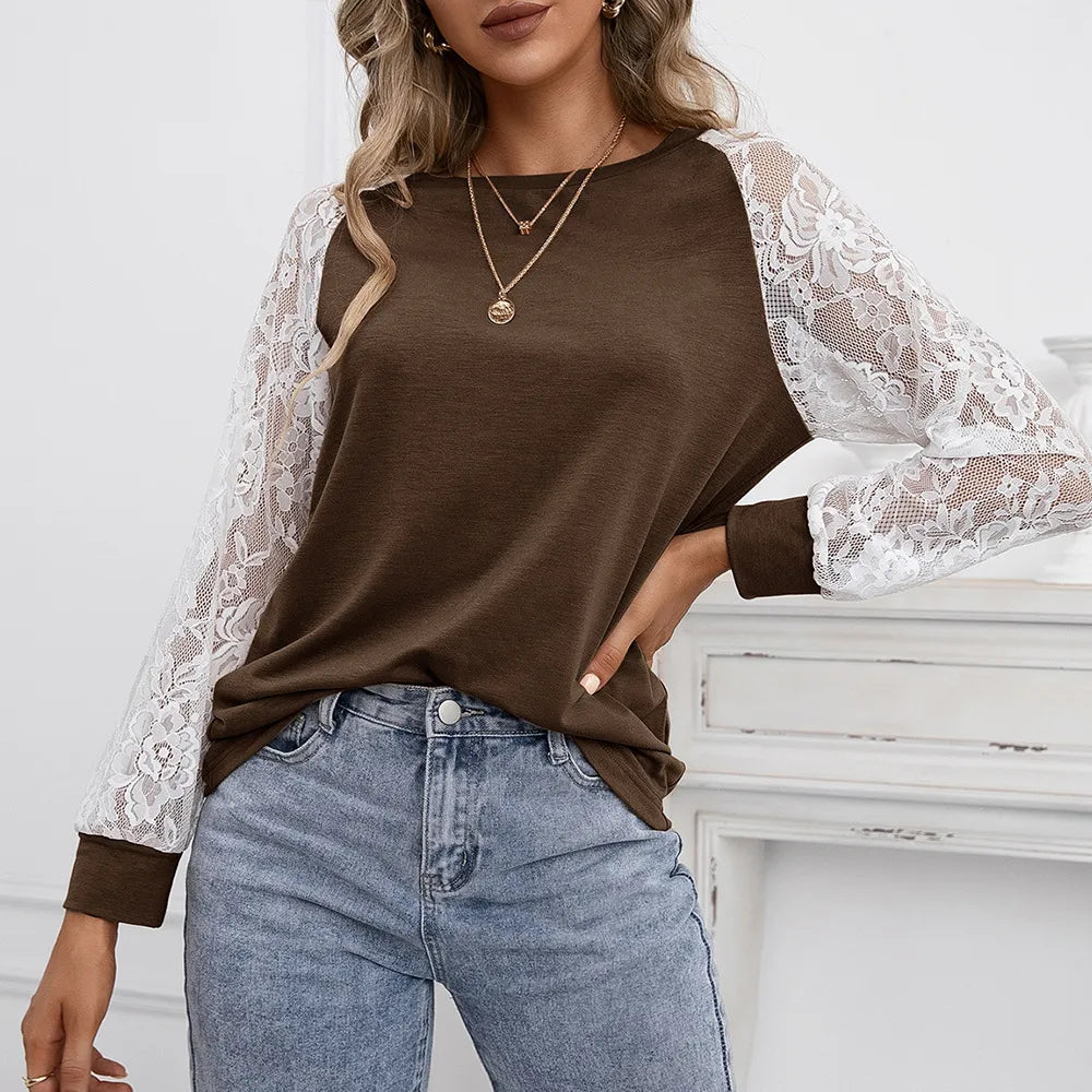 Women’s Lace Detail Long Sleeve Top Round Neck