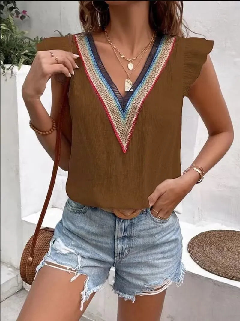 Women’s Deep V Lace Top Hollow Out Short Sleeve