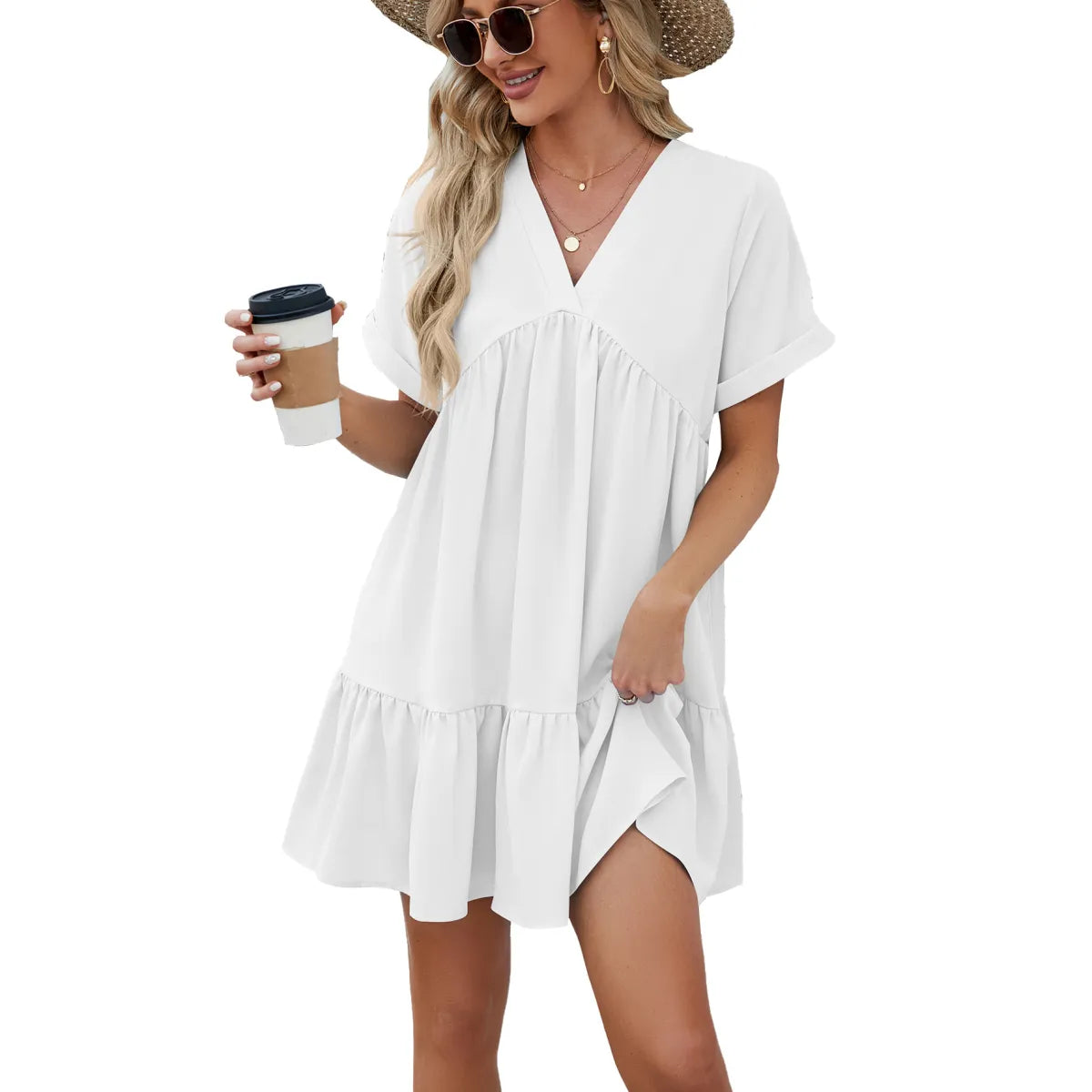 Women’s V Neck Pleated Dress Loose Fit Solid Color