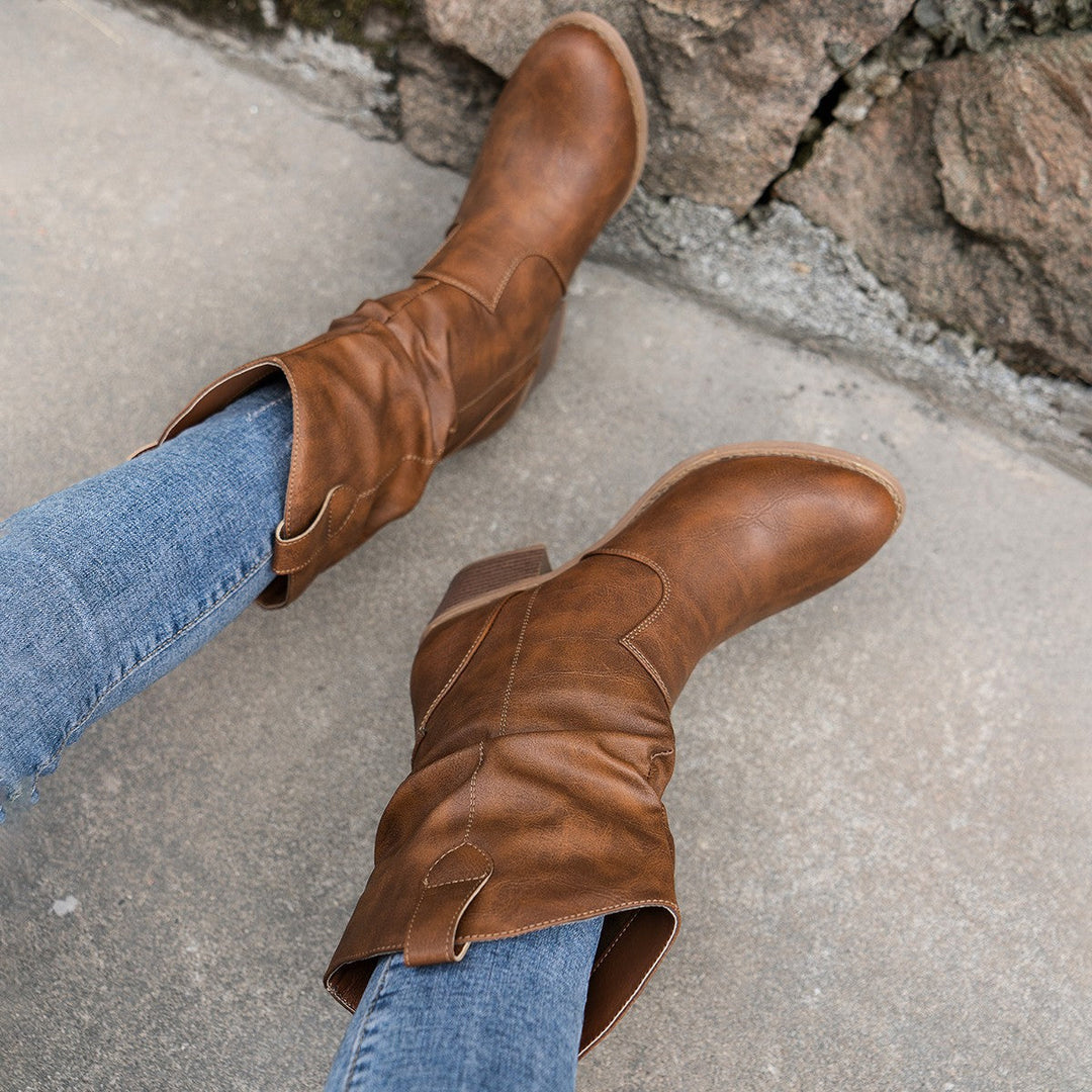 Women's Mid-Calf Western Cowboy Boots with Stacked Block Heel