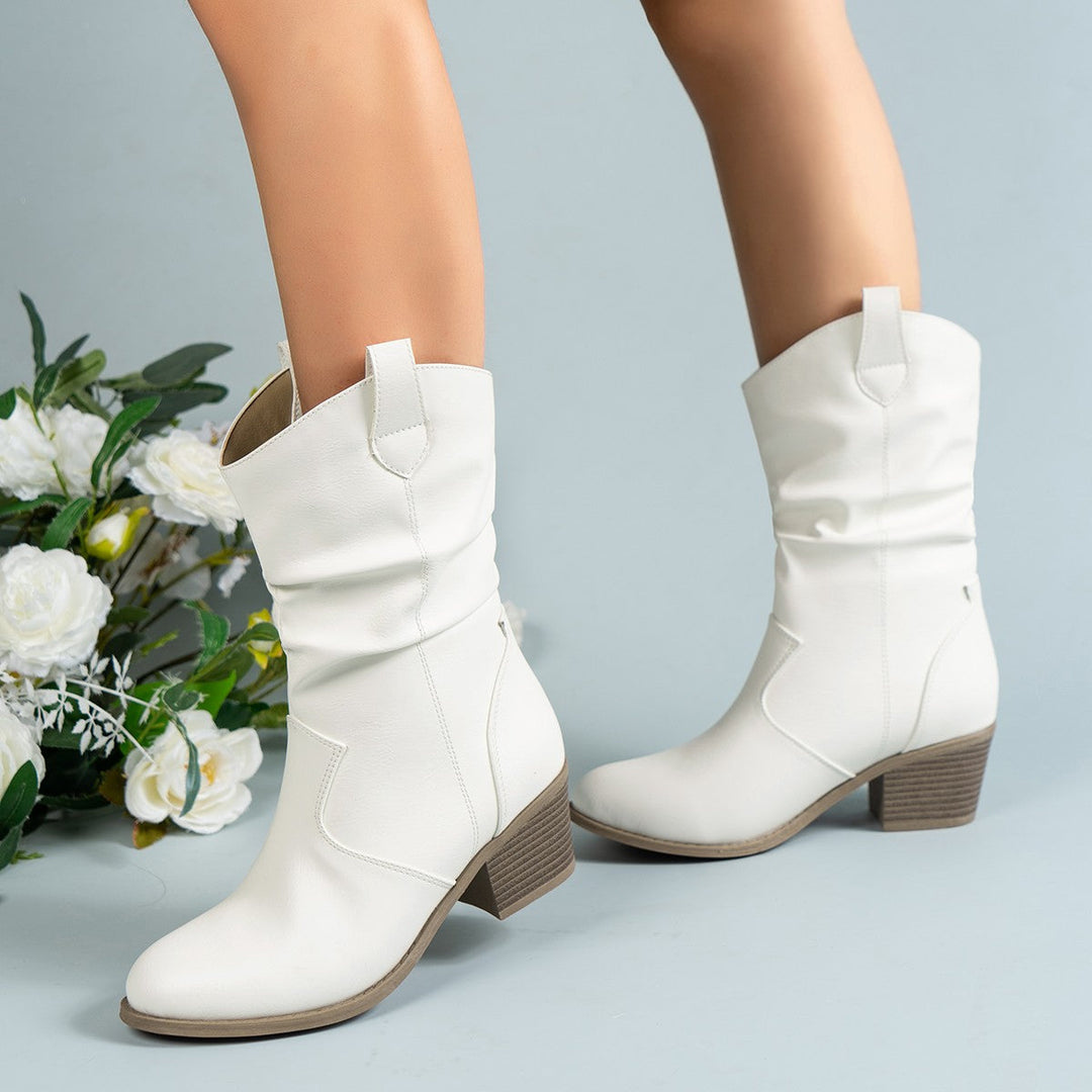 Women's Mid-Calf Western Cowboy Boots with Stacked Block Heel