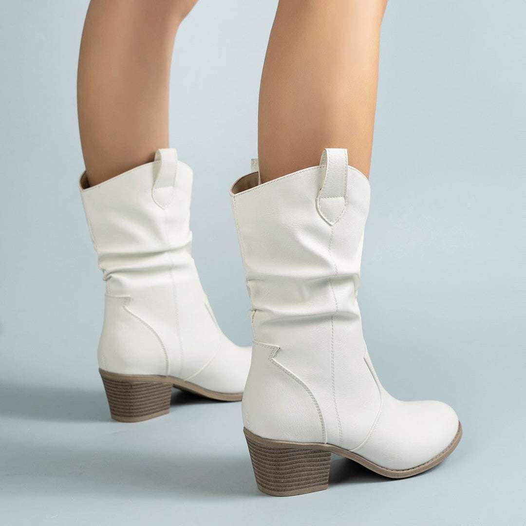 Women's Mid-Calf Western Cowboy Boots with Stacked Block Heel