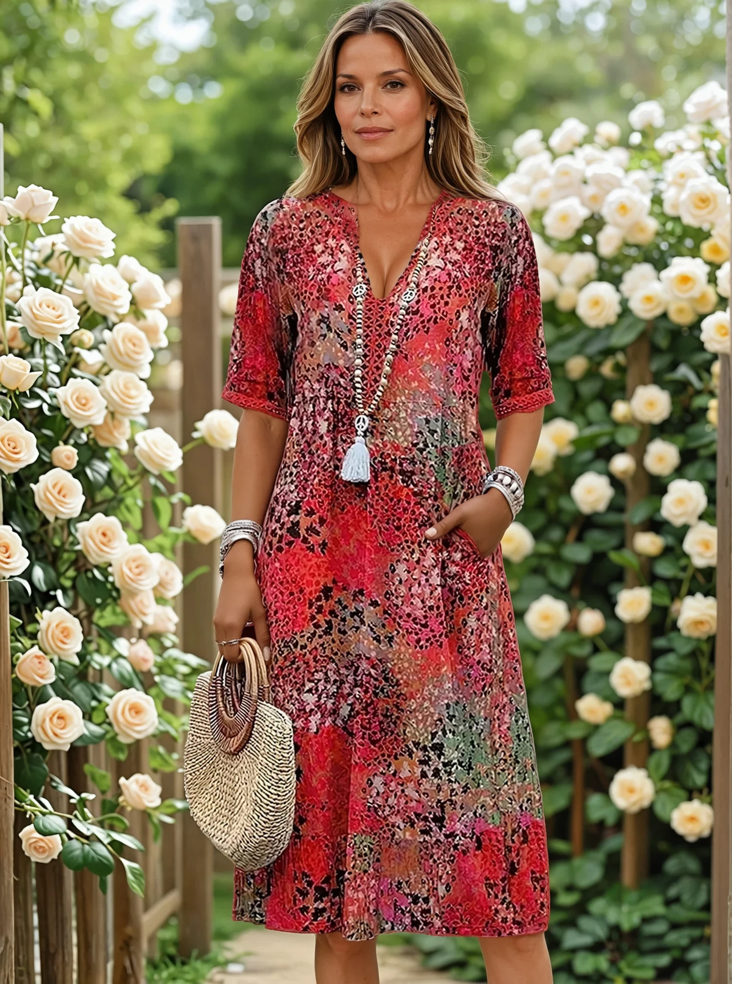 Cristina – Flowing Midi Dress with Lace-Up Detail
