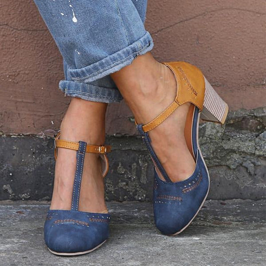Women's T-Strap Block Heel Retro Sandals with Adjustable Strap