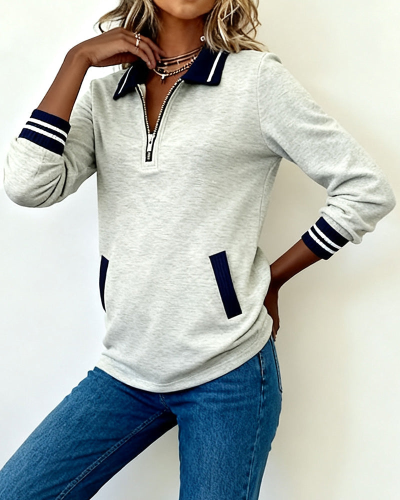 Oversized Sweatshirt with Lapel, Zipper Closure, and Contrast Color