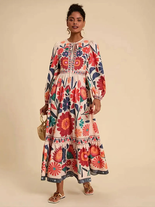Printed Flared Dress Long Sleeve Lace Up Casual