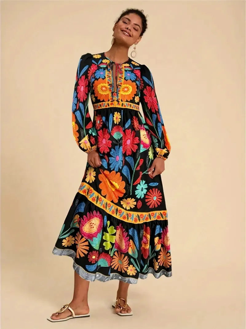 Printed Flared Dress Long Sleeve Lace Up Casual