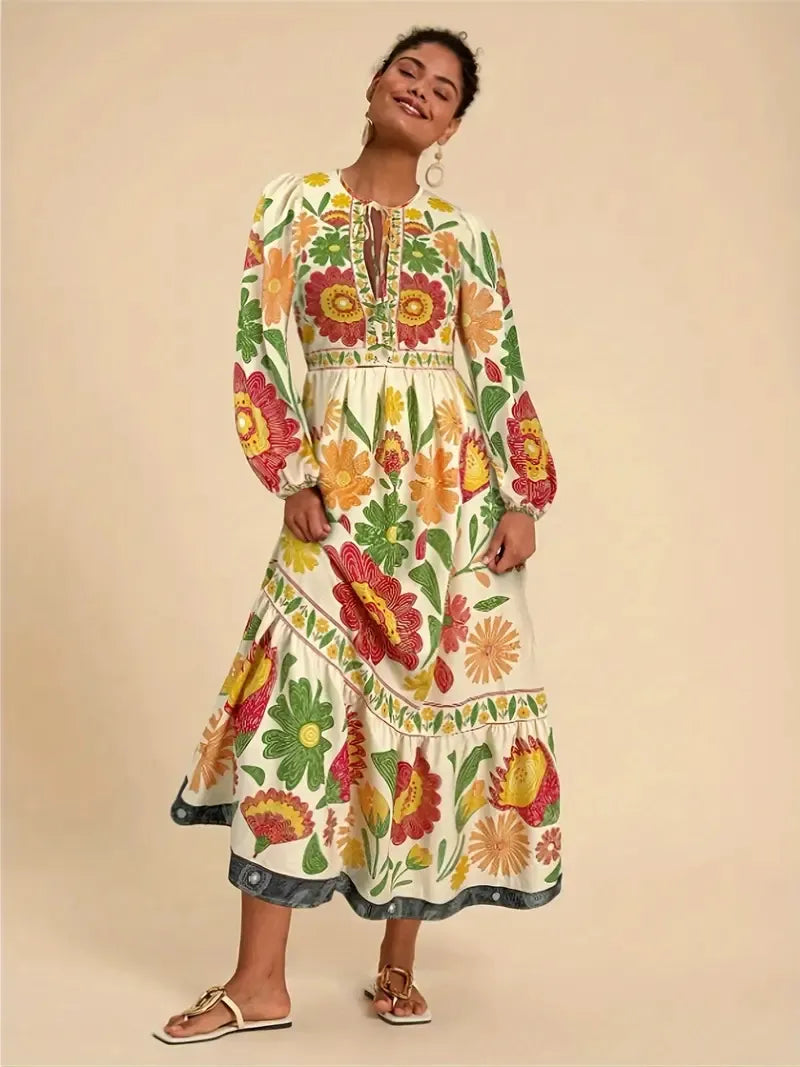 Printed Flared Dress Long Sleeve Lace Up Casual