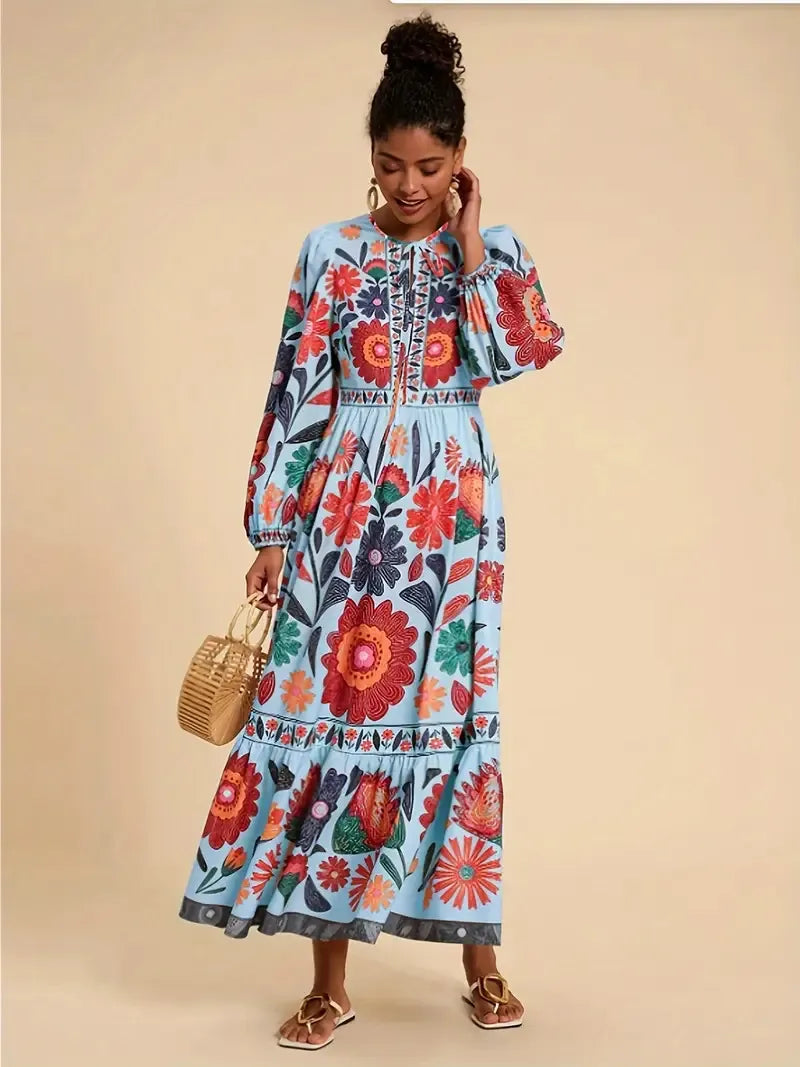 Printed Flared Dress Long Sleeve Lace Up Casual