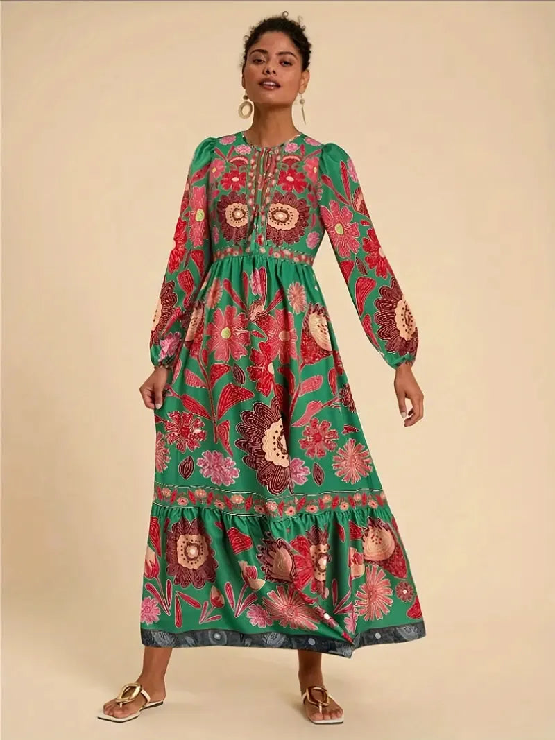 Printed Flared Dress Long Sleeve Lace Up Casual