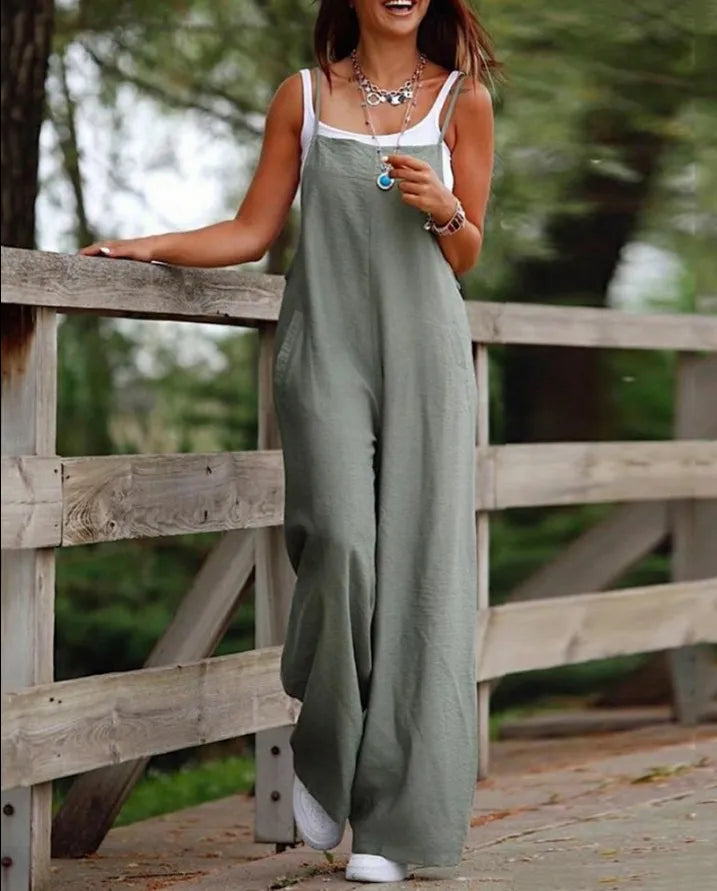 Women’s Cotton Linen Sleeveless Jumpsuit Casual Loose Fit