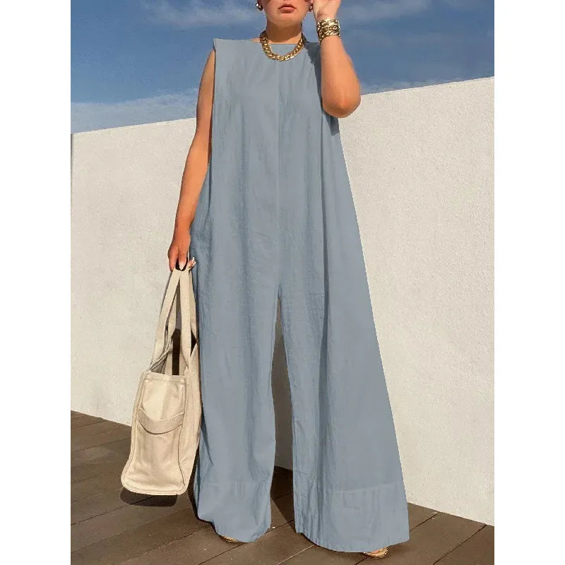 Wide Leg Casual Jumpsuit Solid Color Relaxed Fit