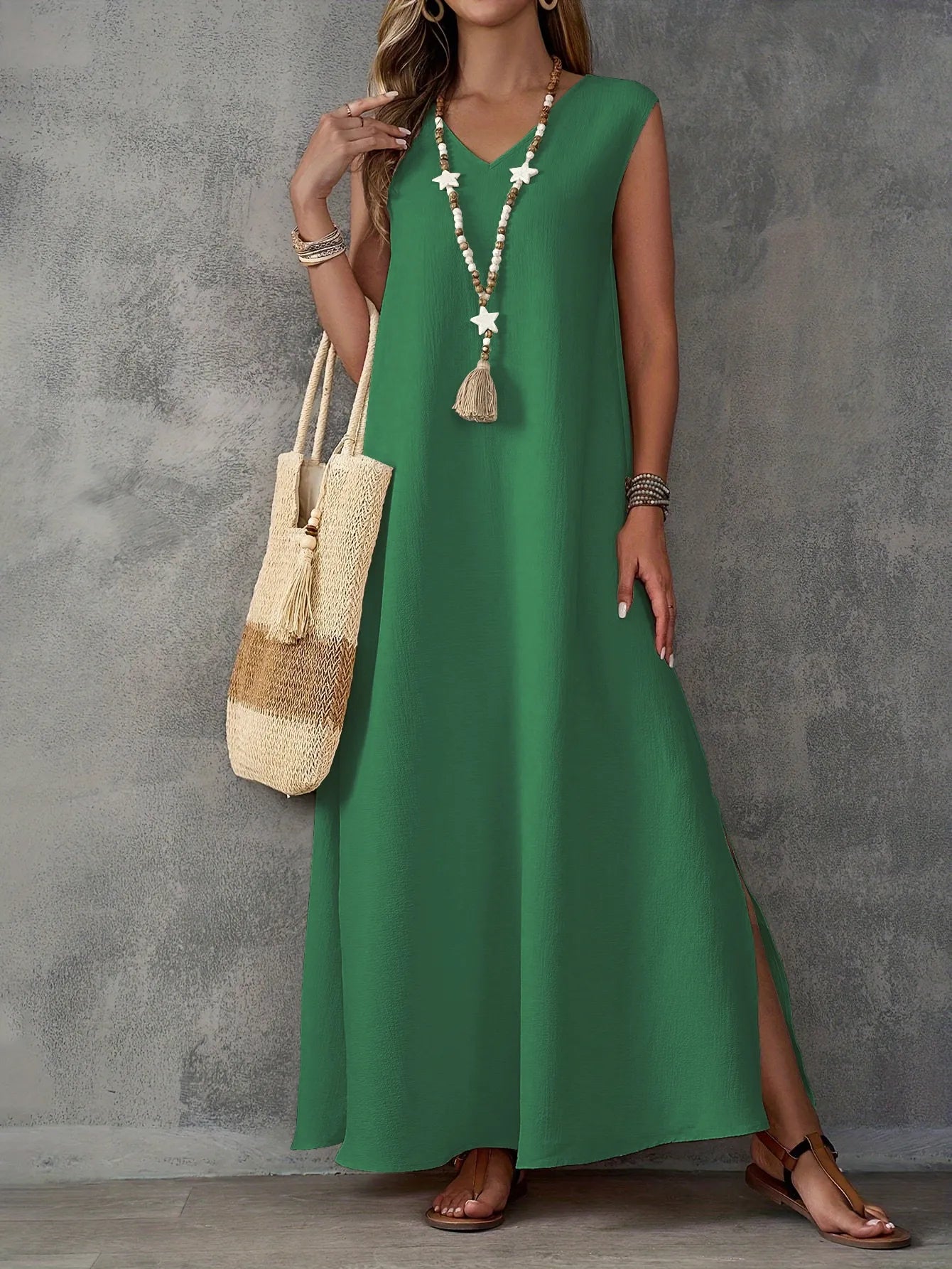 Women’s Sleeveless V Neck Dress Side Slit Elegant