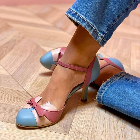 Women's Mid-Heel Ankle Strap Shoes with Bow Detail