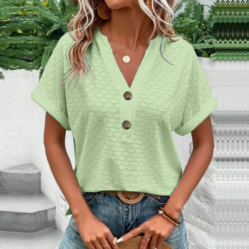 Women’s V Neck Button T Shirt Casual Solid Color