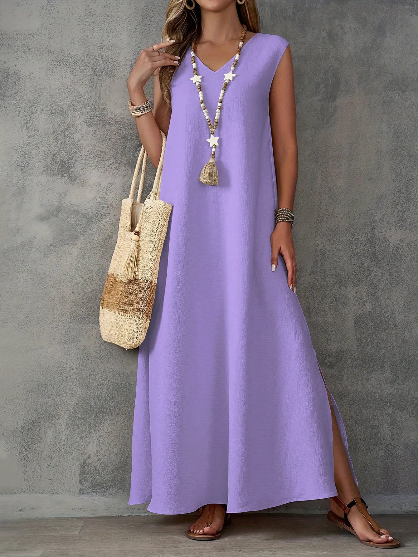 Women’s Sleeveless V Neck Dress Side Slit Elegant