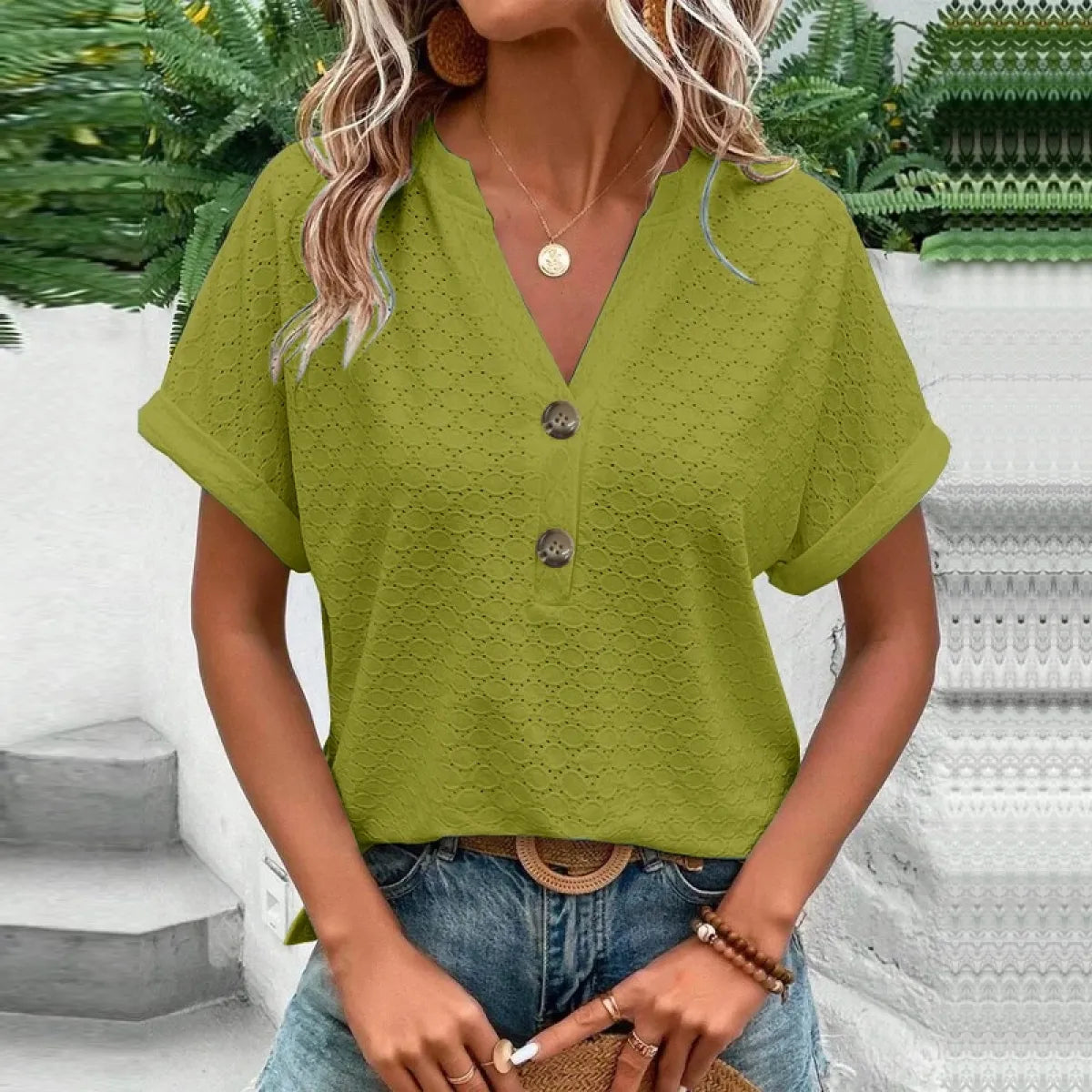 Women’s V Neck Button T Shirt Casual Solid Color