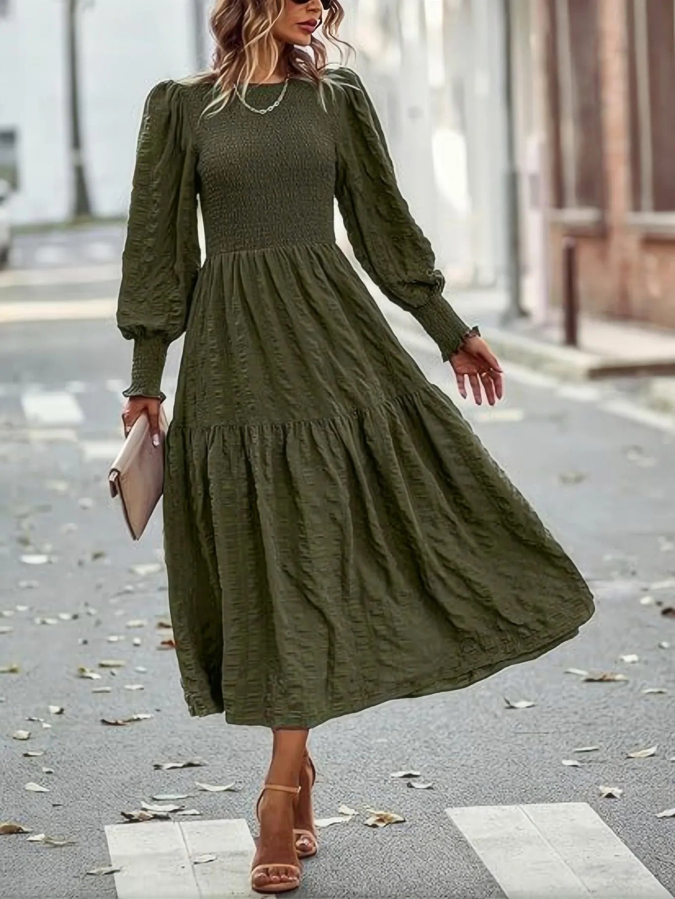 Women’s Lantern Sleeve Dress Long Sleeve Round Neck
