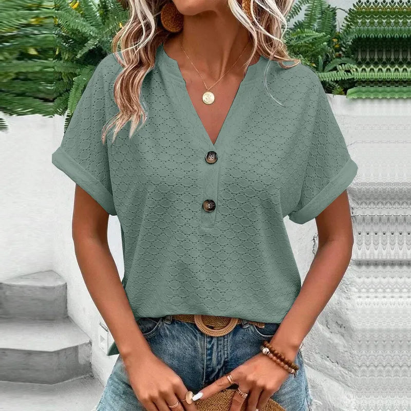 Women’s V Neck Button T Shirt Casual Solid Color