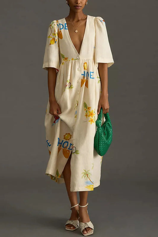Puff Sleeve Loose Vacation Dress Summer Casual