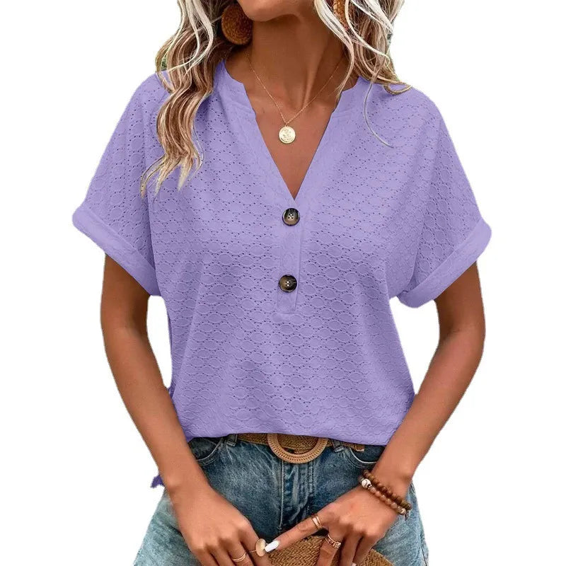 Women’s V Neck Button T Shirt Casual Solid Color