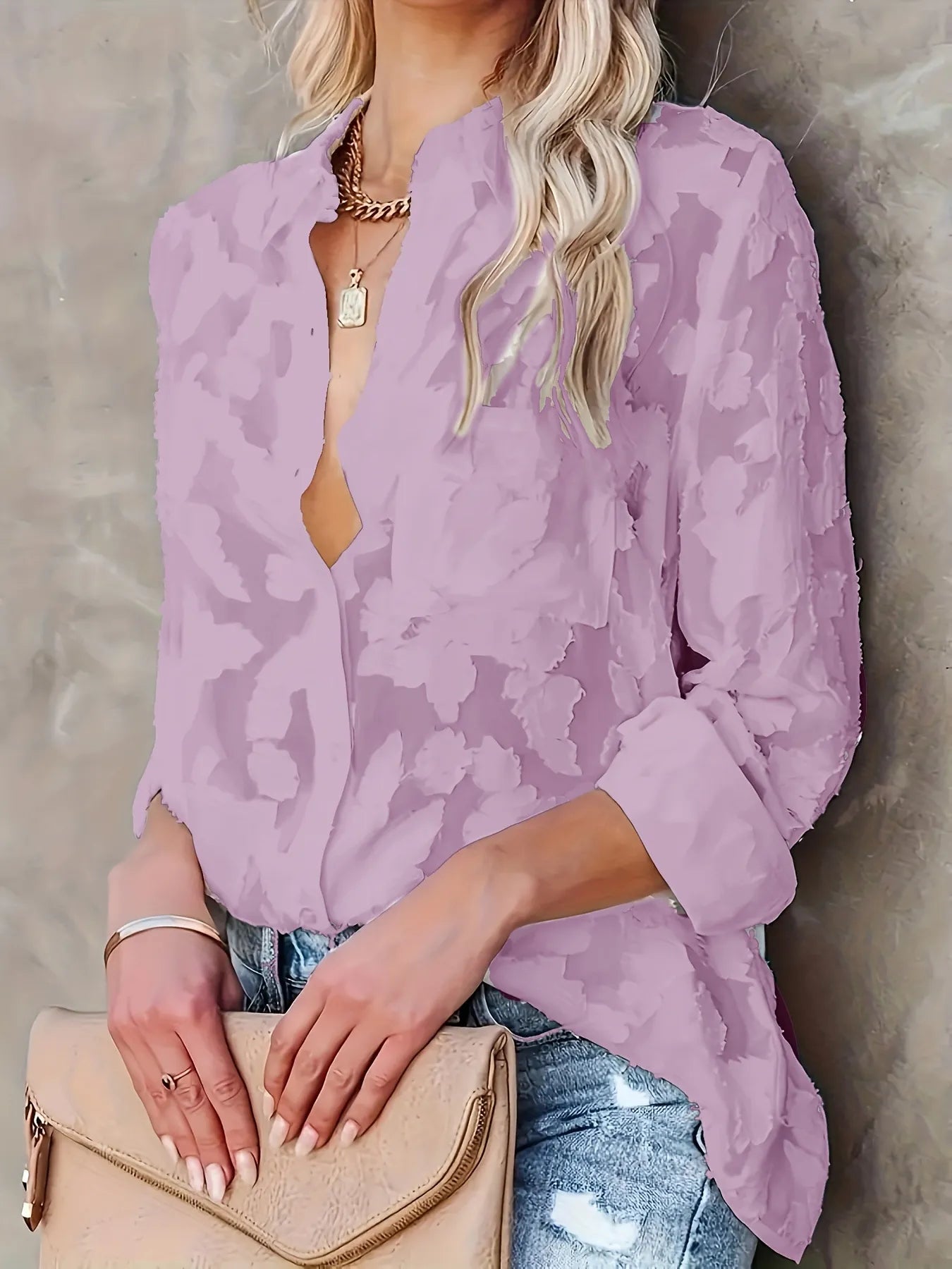 Luxury Jacquard Button Up Shirt Elegant Textured Blouse
