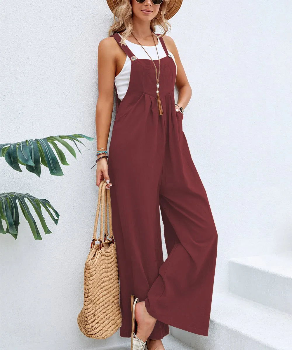 Women’s Suspender Overalls Casual Loose Fit Solid Color