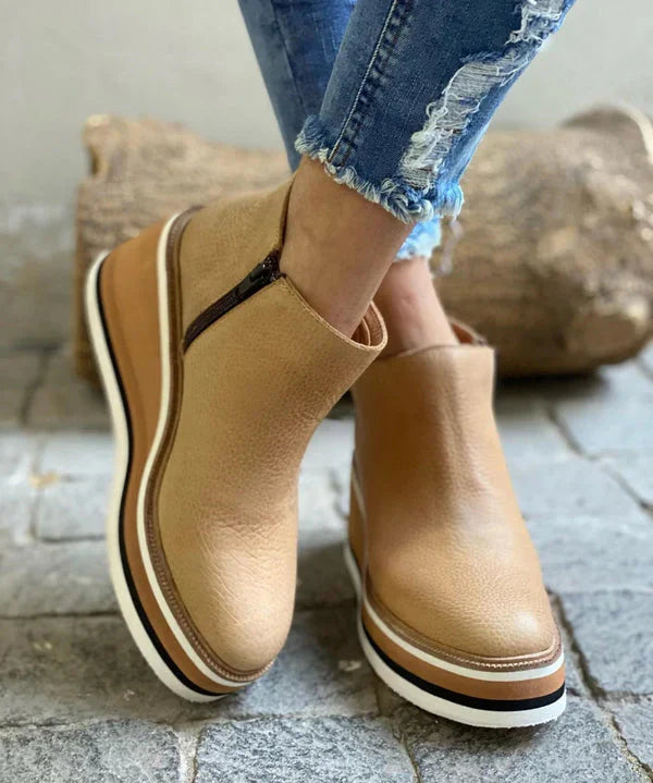 Women's Platform Ankle Boots with Side Zipper and Textured Finish