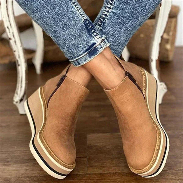Women's Platform Ankle Boots with Side Zipper and Textured Finish