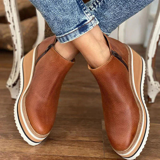 Women's Platform Ankle Boots with Side Zipper and Textured Finish