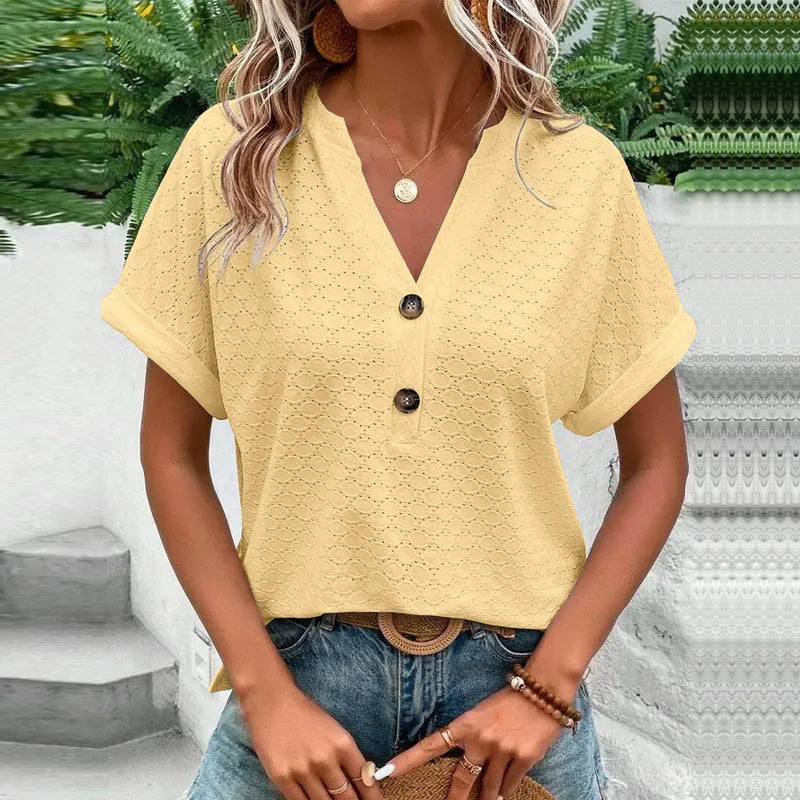 Women’s V Neck Button T Shirt Casual Solid Color
